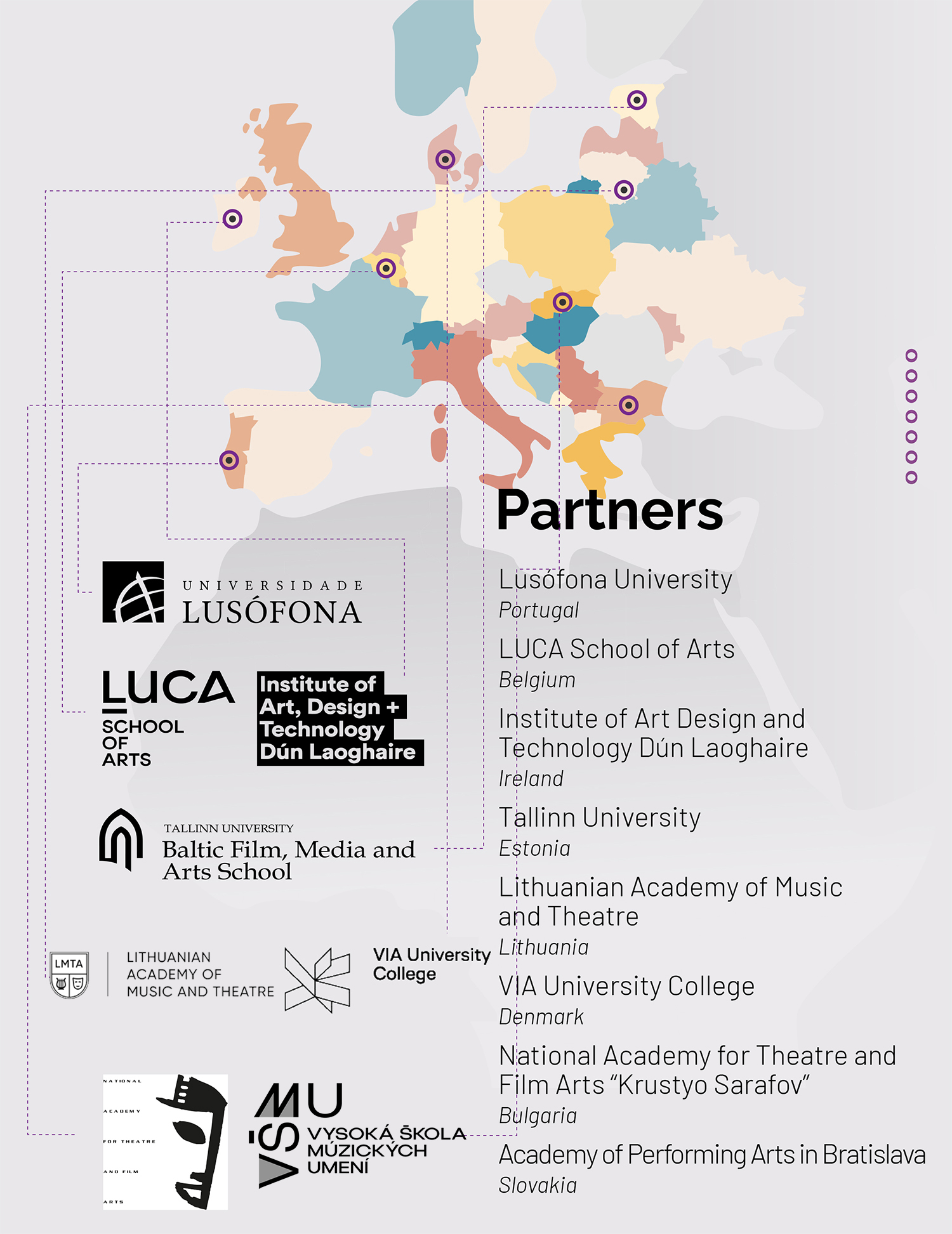 A map of Europe with the eight members of FilmEU alliance